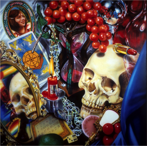 audrey flack, skull, grapes, photorealism